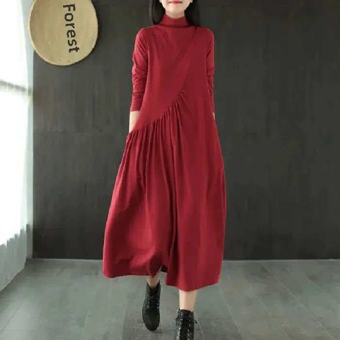Vestido Vintage artístico de primavera para mujer, medio Polo holgado/cuello de tortuga, longitud media, adelgazante, falda elegante reductora de edad, 2021 - 1