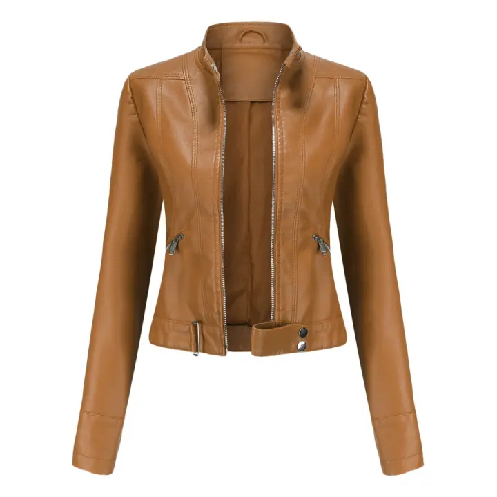 Chaquetas de piel sintética para mujer, abrigo ajustado con cremallera para motocicleta, abrigo corto de PU para motorista - 1