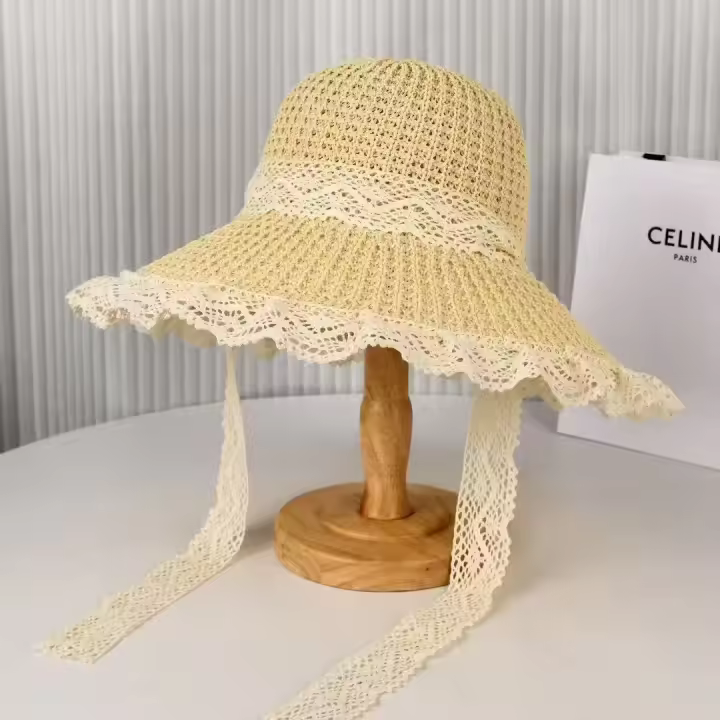 Sombreros de encaje sombreros de paja mujeres verano con cordones huecos - 1