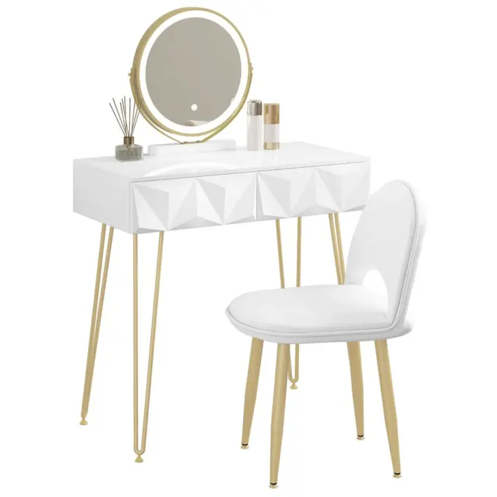 Tocador de tocador, mesa de maquillaje para niñas y mujeres, tocador con espejo LED ajustable de 3 niveles, silla de terciopelo - 1