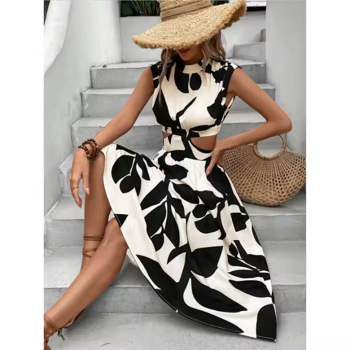 Vestido largo de mujer con estampado floral de plantas, cuello redondo, manga corta y cintura alta para el verano de 2024 - 1