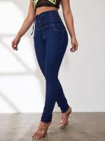 Cintura alta pies pequeños mujer cintura elástica elástico ajuste de cadera pantalones sexy con cordones pies pequeños jeans - details 10