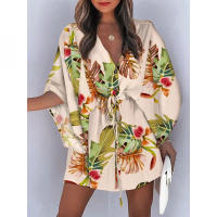 Traje de baño para mujer Vestido de playa estampado con cordón3/4MangaVMini falda de playa con Cuello estilo bohemio - details 2