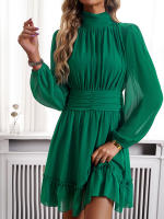Vestido corto rosa de cintura alta con volantes para mujer, minivestido informal con manga abullonada, cintura anudada, 2024 - details 24