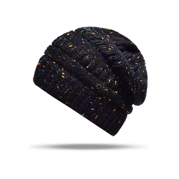 Gorro de lana negro para mujer, diadema de punto, cola de caballo, gorro cálido, jersey de lana, Otoño e Invierno - 1