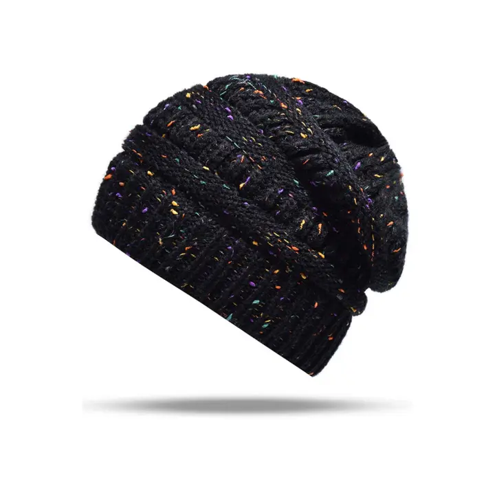 Gorro de lana negro para mujer, diadema de punto, cola de caballo, gorro cálido, jersey de lana, Otoño e Invierno - 1