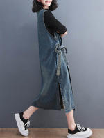 Vestidos de mujer de lujo con diseño de cinturón denim sin mangas para el verano 2023 estilo clásico de gran tamaño lavado a mano algodón forro chino - details 5