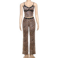 BUNO-Conjuntos de pantalones con estampado de leopardo para mujer, Tops sin mangas con cuello Halter, pantalones de pierna recta ajustados de cintura alta, ropa de calle femenina de primavera 2025 - details 14