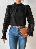 Jersey elegante de Cuello medio alto para mujer, de Color sólido Camisa de gasa, blusa de manga larga con volantes ondulados, Tops sueltos informales para mujer, novedad - details 8