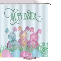 Cortina de ducha de conejito de Pascua feliz, conejos divertidos, huevos rosas y azules, cortina de baño de tela de poliéster, juego de cortinas de baño impermeables - details 0