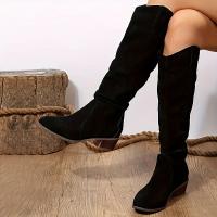 Botas Largas para Mujer de Moda con Tacón Grueso Diseño V-Cut Color Sólido Estilo Vaquero Botas Altas Hasta La Rodilla Holgadas - details 5