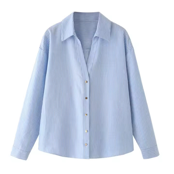 Camisa a rayas de manga larga informal y versátil 2025 con solapa y temperamento holgado, ropa de mujer nueva de verano - 1