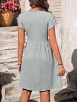 Nuevo vestido de manga corta elástico con cintura con botones y cuello en V para mujer - details 3