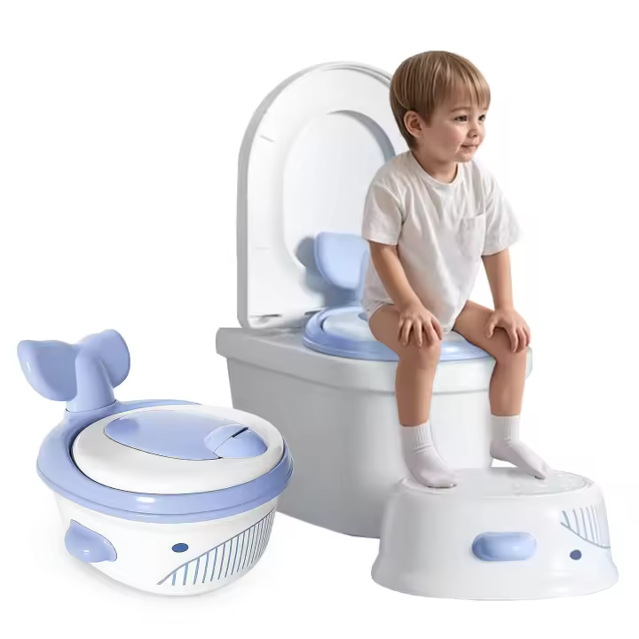 Inodoro para Niños Beceril de Ballena 3 en 1 Asiento de Entrenamiento Desmontable, Taburete de Paso Firmes, Soporte de Brazo Cómodo Agua al Resorte, Azul - 1