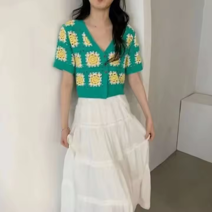 Blusa de punto abierta con manga de crochet transparente, top corto, cárdigan de mujer, Teengirl Fairycore, top cuadrado vintage Granny - 1