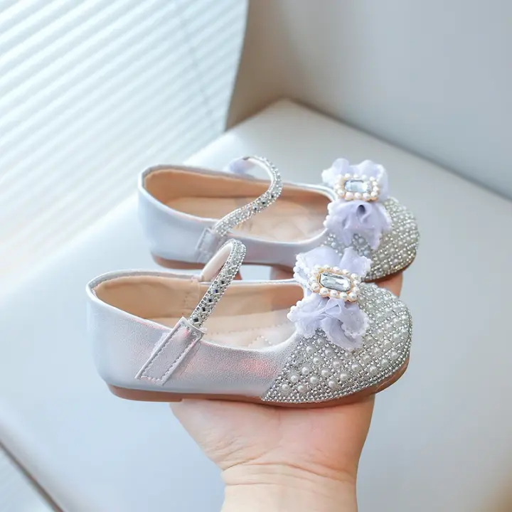 Niñas pequeñas de moda para fiesta de boda, cuentas de perlas brillantes con gran brillo de cristal, zapatos planos para niños Mary Janice Sweet - 1