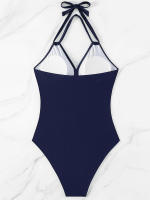 Elegante Traje de Baño Monokini de Colores Sólidos Cuello Halter para Mujeres Malla de Parche - details 11