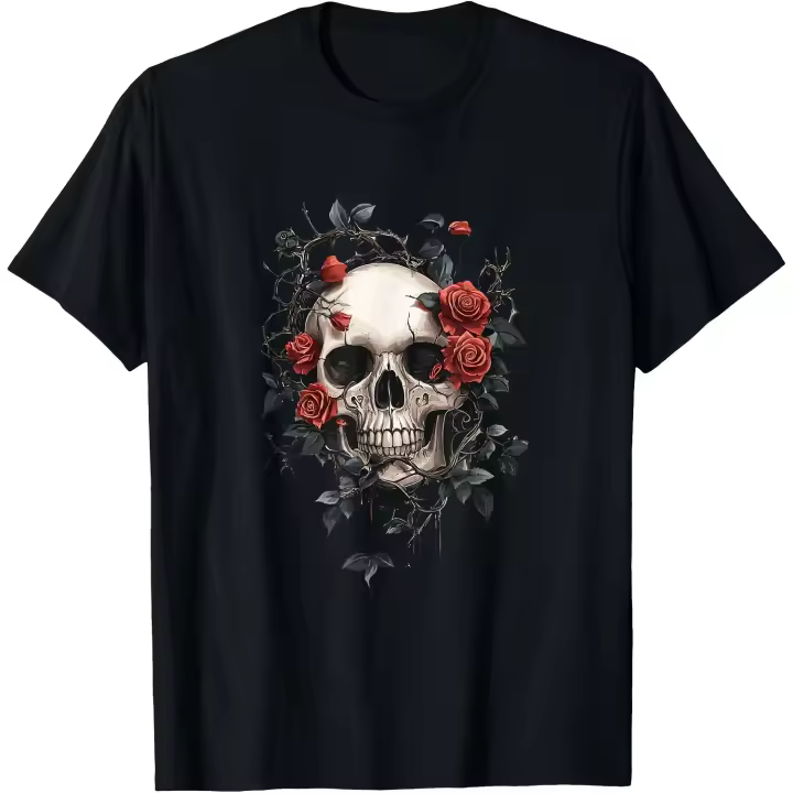 Camiseta gótica con calavera con rosas rojas y espinas para hombre - 1