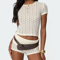 Conjunto de 2 piezas de encaje Floral transparente Y2k para mujer, Tops cortos de manga corta transparentes, camiseta + minipantalones cortos con pliegues - details 3