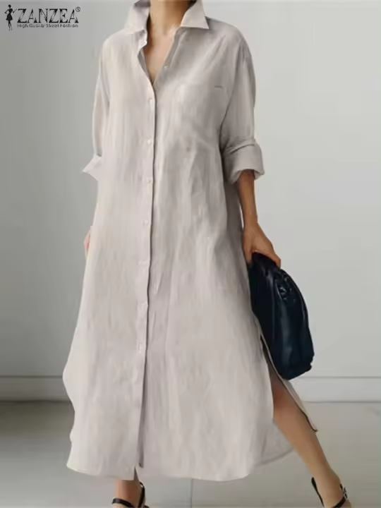 ZANZEA-vestido de mujer de manga larga, camisa lisa, vestido veraniego con botones y cuello de solapa, Vestidos largos holgados a la moda, bata Vintage para mujer - 1