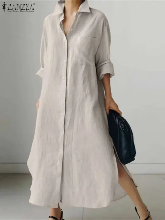 ZANZEA-vestido de mujer de manga larga, camisa lisa, vestido veraniego con botones y cuello de solapa, Vestidos largos holgados a la moda, bata Vintage para mujer - 1