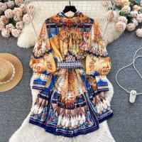 Minivestido playero de verano para mujer, Vestido holgado de gasa con mangas largas acampanadas y cinturón con estampado Vintage, con cordones, 6259 - details 2