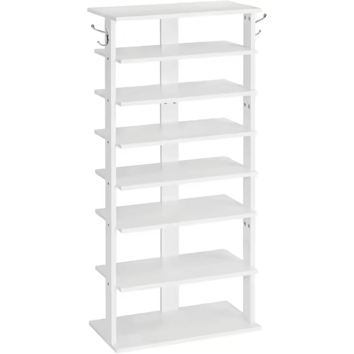 Zapatero, Estante Zapatero, Estantería para Zapatos, Mueble Zapatero de 8 Niveles, con 2 Ganchos, 50 x 28 x 113 cm, para Entrada, Dormitorio, Ahorra Espacio, Blanco - 1