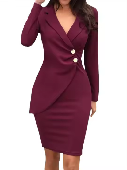 Vestido Midi ajustado de manga larga para mujer, traje elegante de Color sólido con cuello en V, estilo coreano, ocasión Formal, venta - 1