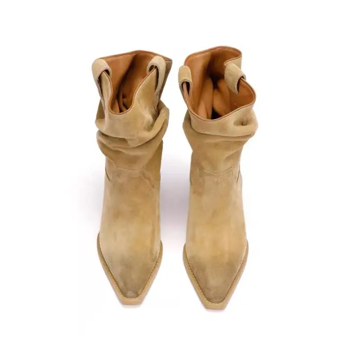 Botas Vaquero Occidentales Gamuza Puntiaguda Marrón, Botas Apilables Dobladas, Boca en V, Tacón Grueso, Botas Medianas, Botas Cortas - 1