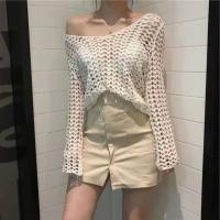Top de punto bordado con corazón de crochet de manga larga transparente para mujer, suéter bohemio, trío de playa de verano - details 3
