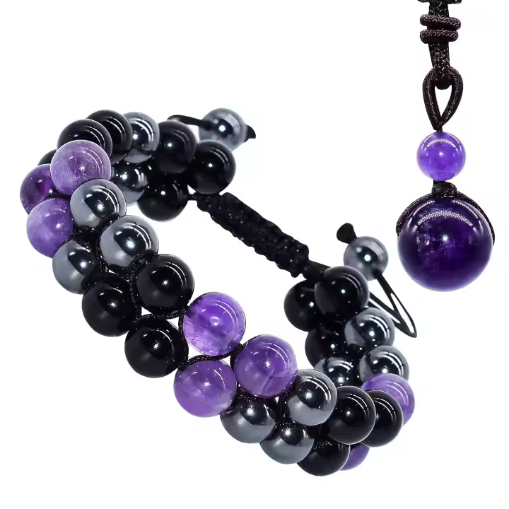 Pulsera de Triple Protección Pulsera de Cristal Hecha a mano para Hombres y Mujeres Cuentas de Amatista Hematita y Obsidiana Negra P Pastel Acuático Material de Madera - 1