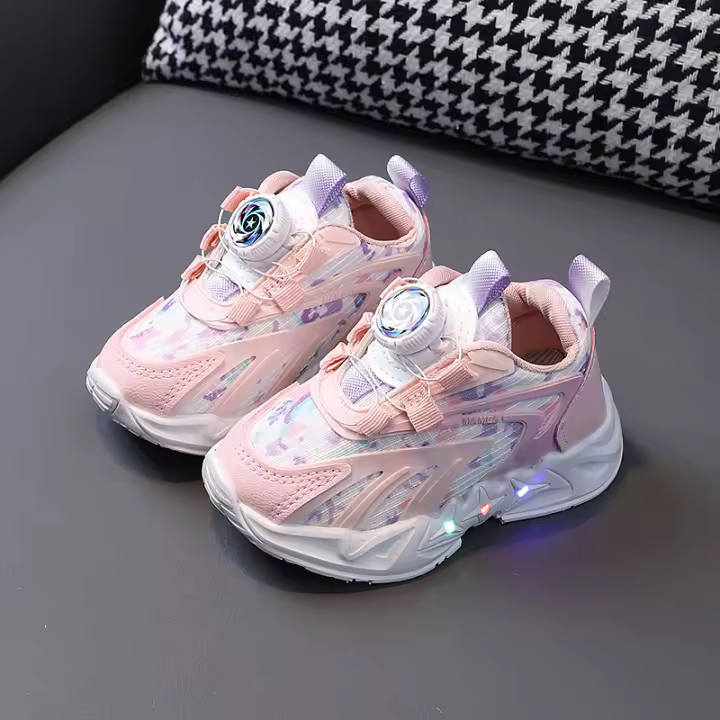 Primavera y otoño nuevas zapatillas deportivas para niños, zapatos de malla transpirable para niños y niñas, zapatos para correr con hebilla giratoria para niños medianos, zapatos intermitentes - 1