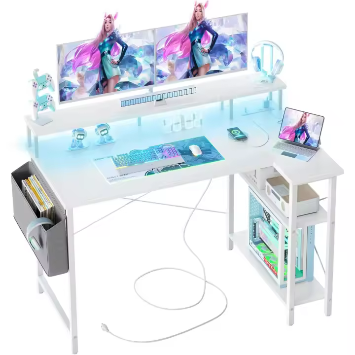 Mesa de Ordenador Grande en Forma L Esquina con LED Regleta Enchufables - 1