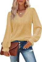 Camiseta con cuello en V para mujer Camisa superior de manga plisada informal hueca de otoño - details 13