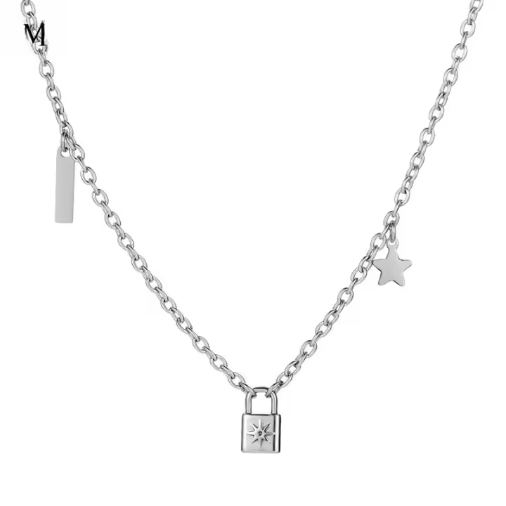 Acero titanio collar de cabeza de cerradura pequeña moda mujer nicho temperamento colgante dulce cool cadena de clavícula con adornos regalo - 1