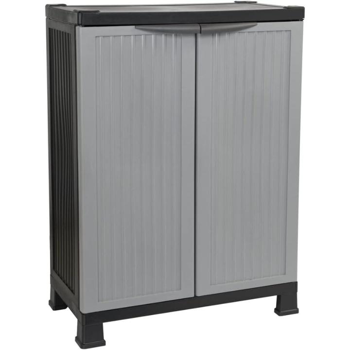 Armario de Resina Bajo Almacenaje, Uso Exterior e Interior, Jardín y Terraza, 1 Estante, 2 Puertas, Dimensiones 39x68x92cm (Largo x Ancho x Alto), Color Gris o Negro