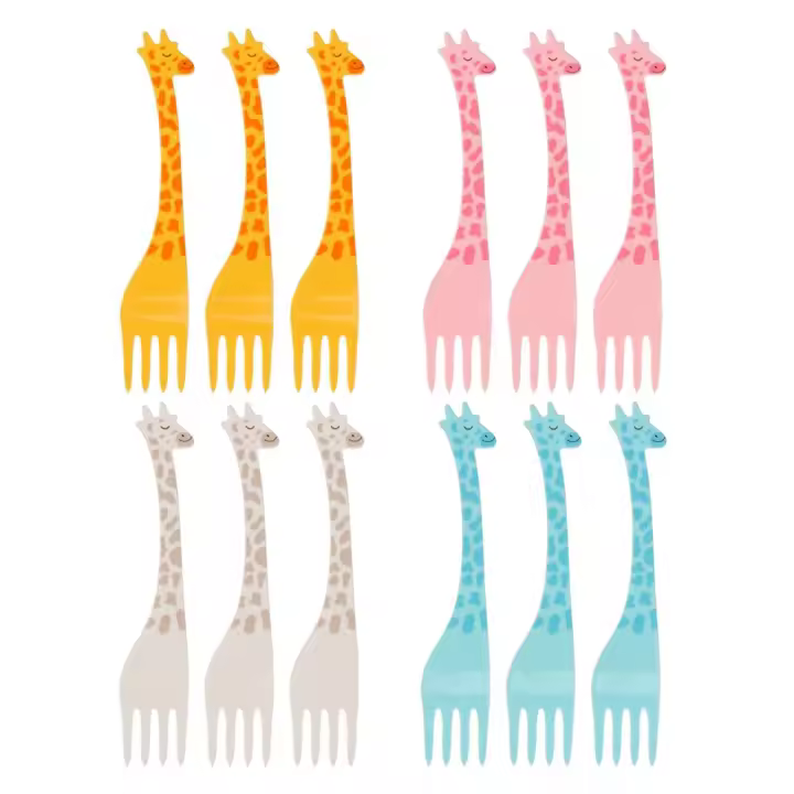 Mini Tenedor de fruta de jirafa de dibujos animados para niños, aperitivo para pastel, postre, palillo de dientes, ensalada, vajilla para niños, 12 piezas por juego - 1