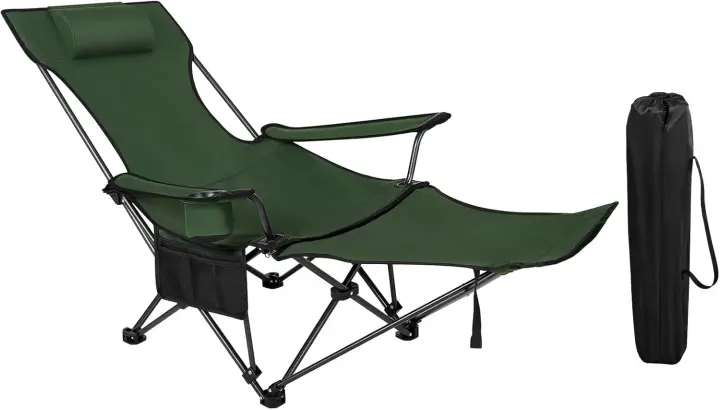 Camping Plegable, Tumbona Camping Portátil con Portavasos, Reposacabezas y Bolsa Lateral, Marco de Acero, Carga Máxima 150 kg, para Picnic, Playa, Jardín, Pesca, Negro - 1