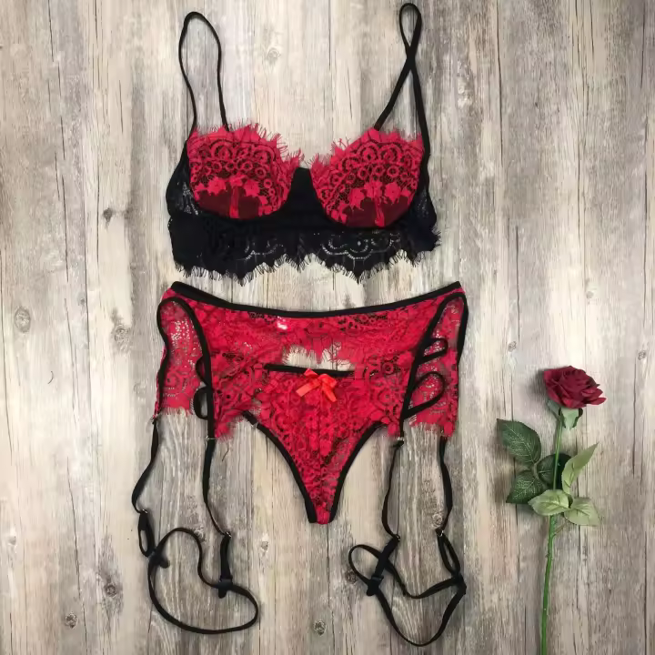 Lenceria Sexy de talla grande 3XL, conjunto de sujetador con bragas de encaje para mujer, Tanga hueca, liguero, conjunto de lencería Sexy - 1