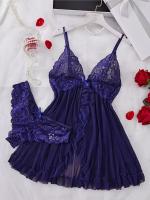 Conjunto de camisón de poliéster elástico de color sólido maduro 100g/m² Micro-Estiramiento, espalda en V profunda sin mangas con cinta y falda asimétrica, con encaje y tanga, para mujeres - details 2