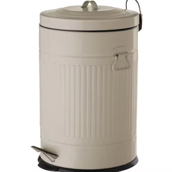 Papelera de cocina de 20 litros beige |   Cubo basura de pedal Retro redondo metálico de zinc galvanizado de 20 litros - 1