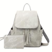 Mochila Escolar De Cuero PU Texturizado, 2 piezas, Con borde De Gran Capacidad Y Conjunto De Bolso De Mano, Bolsa De Viaje - details 8