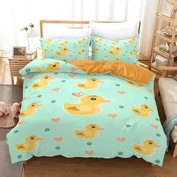 Juego de Ropa de Cama de Pato Ameno Cubierta de Edredón, Funda de Cama, Almohadas Diseño 3D - 1