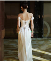 Elegante Vestido de Novia de Sátin Blanco Ajuste Delgado, Cola de Pescado, Temperamento de Lujo Ligero Moda de Mujer - details 10
