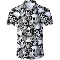 Camiseta Casual de Hip-Hop para Hombres Manga Corta, Estampado de Calavera, Talla Grande, Ropa Casual Hawaiiana, Botones de Escote, Moda Callejera Vintage - details 8