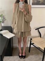 Blusa de verano a cuadros extragrande 2024 para niñas, traje de mujer, camisa de manga larga, pantalones de pierna ancha de cintura alta, trajes de dos piezas con pantalones cortos - details 6
