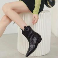 2024 Nuevas botas de cuero estilo vaquero occidental con punta afilada y tacón grueso, botines de mujer Chealsea - details 2