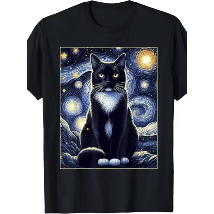 El gatito cremoso bajo el cielo estrellado 1 pieza, 100% algodón, camiseta lavada estampada, camiseta casual de temporada para hombres, camiseta de algodón de cuello redondo de manga corta, regalo de Navidad. - 1