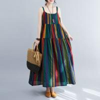 Vestido de Lino de Algodón a Rayas de Color Bloque Falda A-Línea de Moda de Verano con Cintura Suelta y sin Correas Vestido Largo Artístico para Mujeres - details 2