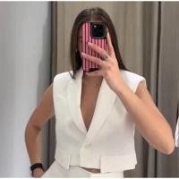 OUWU-Nueva llegada de pantalones largos blancos Wo, chaqueta corta sin mangas con solapa, Tops, pantalones de pierna ancha, conjuntos de 2 piezas, tres elegantes - details 8